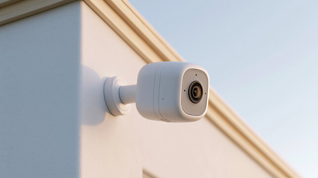 Compact white wireless security camera installed on house exterior corner ensures 24 hour smart home safety monitoring.