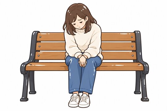 公園のベンチに一人で座り、悲しそうにうつむく若い女性のイラスト