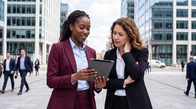 Businesswomen discussing digital information on tablet computer standing in modern corporate plaza.