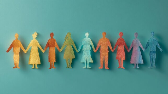 Colorful paper cutout people holding hands in a line on teal background representing diversity, inclusion, unity, equality, community, connection, belonging, and social harmony