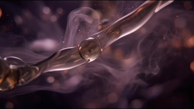 Luxury fragrance formulation reveals translucent smoky quartz-colored perfume oil suspended abstract material background