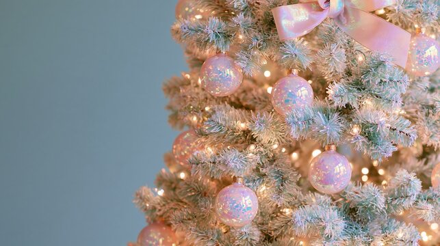 Decorated Christmas tree with pastel opalite glass ornaments, pink ribbon, frosted branches, and glowing lights against blue background, festive holiday interior