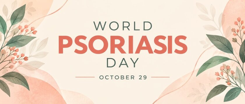 World Psoriasis Day October 29 floral frame with coral lettering and autumn leaves banner