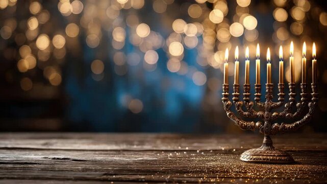 A golden menorah with lit candles on a wooden surface, festive bokeh lights on a blue background. Concept of Hanukkah, Judaism, and a festive banner