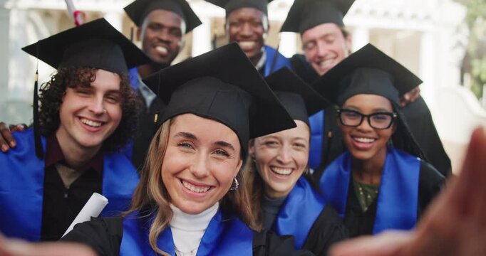 Face, friends and happy selfie for graduation, degree completion or social media post for memory. People, graduate or photo with scroll for ceremony, profile picture or shared achievement on campus