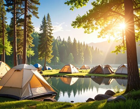 A scenic campsite with multiple tents set up by a calm lake, surrounded by a lush forest and mountains under a bright, sunny sky.