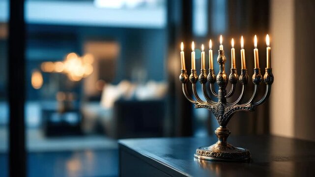 A festive menorah with nine lit candles set against the blurred background of a luxurious home interior. The concept of Hanukkah and Jewish tradition