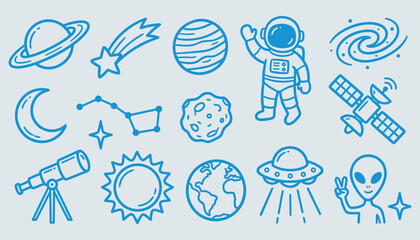 Space and astronomy doodle icon set featuring astronaut, alien, ufo, planets, satellite, telescope, and stars © IconNest Studio