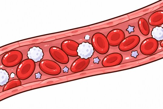 血管内を流れる赤血球や白血球、血小板などの血液細胞を描いた医療イラスト