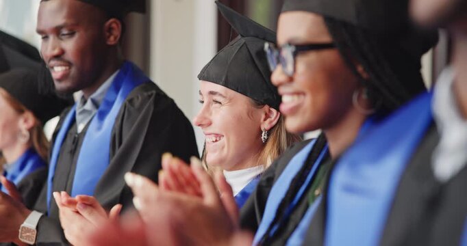 Happy, girl or students clapping for graduation ceremony, valedictorian speech or degree completion. Laugh, class and applause at campus event for academic honor, college graduate and masters success
