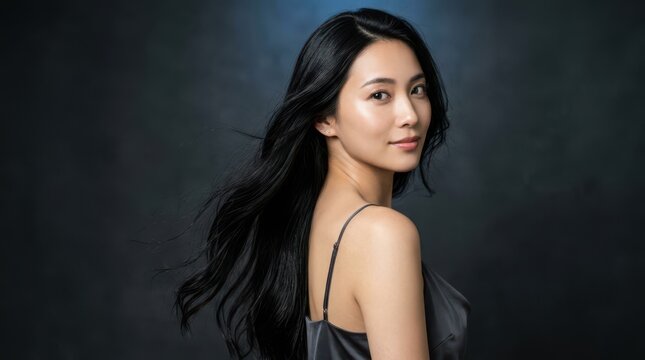 暗い背景に立つ美しい日本人女性のポートレート、健康的で艶やかな黒髪と自然な表情