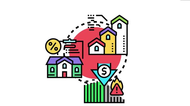 Mortgage default risk concept financial challenges in the housing market, with falling property values, rising interest rates, and potential economic crisis for homeowners