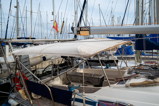 Barcelona, Spain-26 September 2026: Sailboats Moored in Spanish Marina with Se Vende For Sale Sign