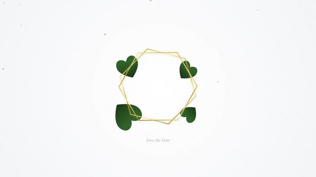 Golden geometric frame with green heart leaves on white