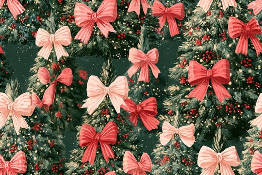 Seamless Christmas pattern of ribbon bow decorated trees in sage green, dusty pink, berry red and warm cream, nostalgic gouache design