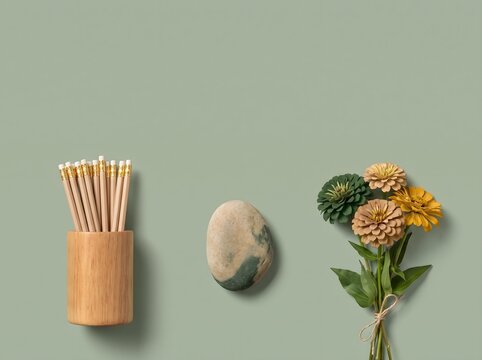 Minimalist wooden pencils with flowers, smooth stone on green background