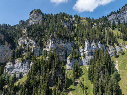 Aerial view of rugged limestone cliffs and dense pine forests in the Justistal valley near the Niederhorn, showcasing the dramatic alpine landscape in Sigriswil, Bern, Switzerland.