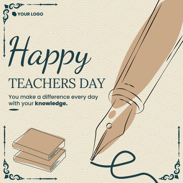 Teachers day greeting poster template with fountain pen and books