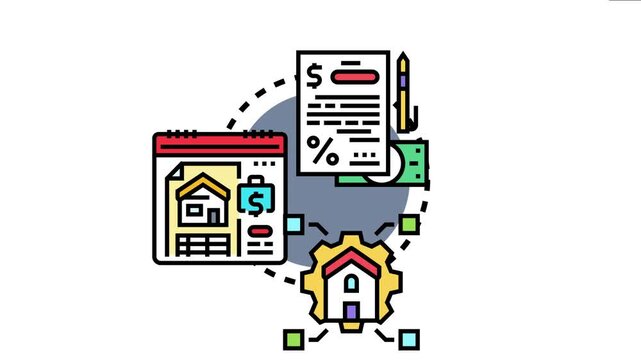 Mortgage application document presenting home loan calculations, real estate property choices, and a gear mechanism representing the ongoing process of finding and acquiring property