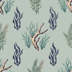 Obraz premium Vintage seaweed seamless pattern, antique ocean coral algae botanical background