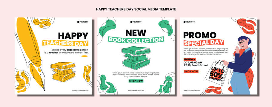 Happy teachers day and book promotion social media template set