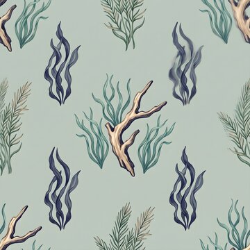 Vintage seaweed seamless pattern, antique ocean coral algae botanical background