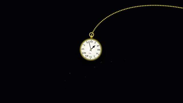 A vintage gold pocket timepiece hangs from a delicate metallic chain within the dark void as it marks the relentless passage of fleeting moments through history with its ticking hands and face