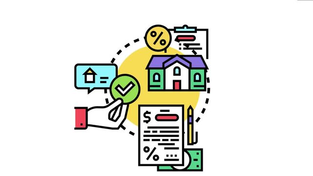 Hand holding a checkmark icon home loan approval, with a house, document, percentage symbol, and financial papers representing the mortgage application journey