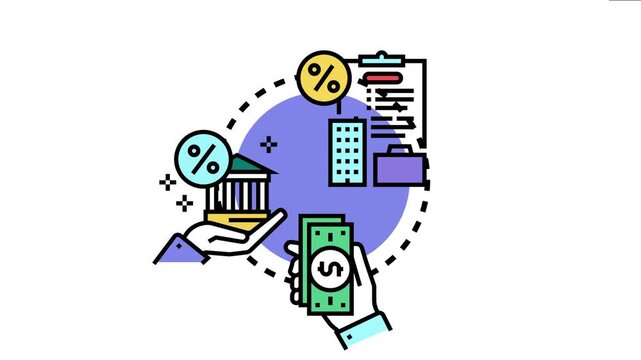 Financial planning and document preparation for a property purchase, with a hand holding money and another supporting a bank next to buildings and an interest rate symbol
