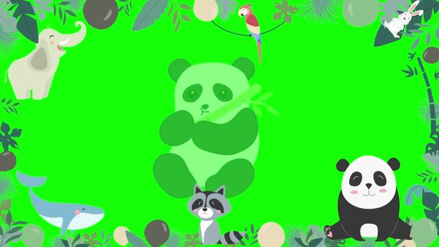 Animated cartoon pandas and wild animals in a jungle border on green screen