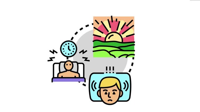 Person experiencing an early morning wake up by sunlight, the sun rising over green hills and an alarm clock disrupting sleep, daily routine and new beginnings