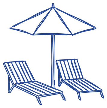Blue line art beach umbrella and deck chairs vector sketch, minimal summer lounge chair outline drawing, resort vacation parasol and sunbed illustration