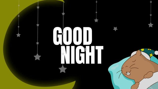 Cartoon hamster sleeping on a blue pillow with hanging stars at night