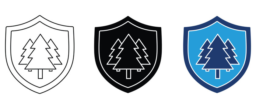 Forest protection icon set with shield and pine trees, environmental conservation and nature reserve symbols in multiple styles.