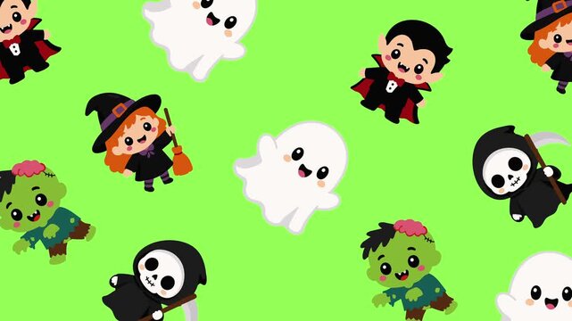 Cute Halloween Character Pattern Background with Witches, Ghosts, Vampires, Zombies and Grim Reapers, Animated Spooky Seasonal Motion for Halloween Party, Social Media, Video and Festive Design.