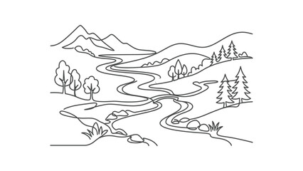 Fototapeta premium Serene Mountain River Landscape Line Art Illustration