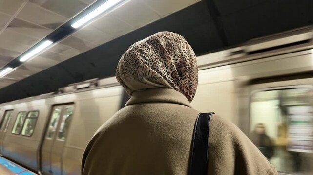 Woman in hijab standing on subway platform as train arrives, motion on platform