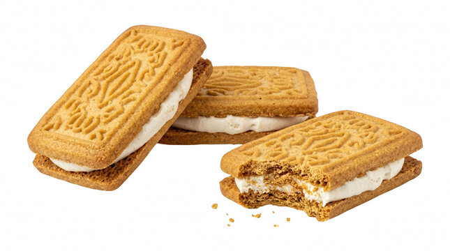 Three delicious rectangular sandwich cookies with sweet white cream filling for a snack isolated on transparent background