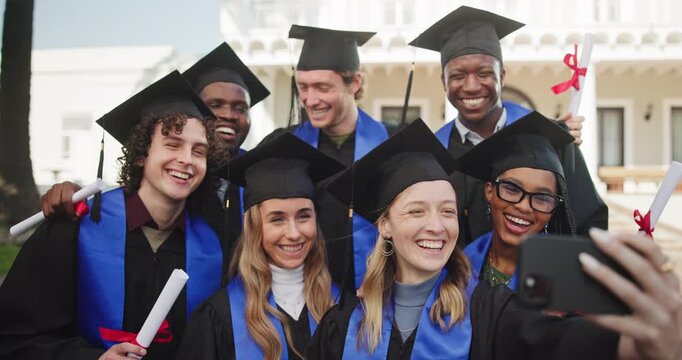 Happy, students and selfie on campus for graduation, degree celebration or online post with diploma. People, class and photo with scroll for ceremony memory, social media or cheering for PHD graduate