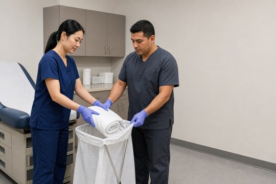 Hospital linen infection control team rolling an examination sheet into a collection bag