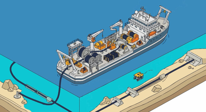 Corporate of a Specialized Dredging Ship with Underwater Pipeline and ROV in Action with high quality professional line art symbols for modern creative design and digital branding projects