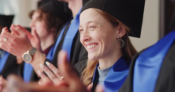 Smile, girl or student applause for graduation ceremony, valedictorian speech or degree completion. Happy, class or clapping at campus event for PHD celebration, college graduate or classmate support