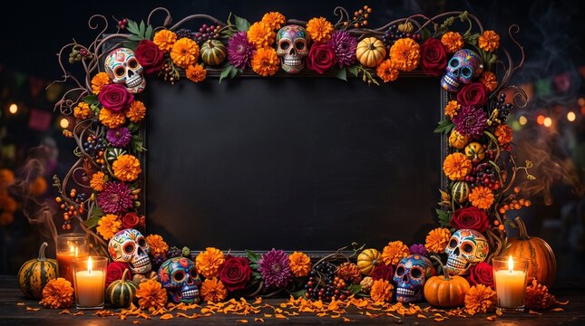 A dark empty chalkboard surrounded by a lush floral arrangement of orange marigolds, colorful sugar skulls, pumpkins, and glowing candles in a festive display