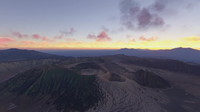 Circular aerial drone view at sunset of Gunung Bromo Volcano in East Java. Indonesia