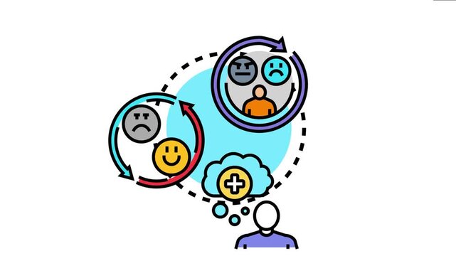 Human figure experiencing a cycle of emotional fluctuations, reflecting on varying moods and seeking positive mental well being through self awareness and understanding