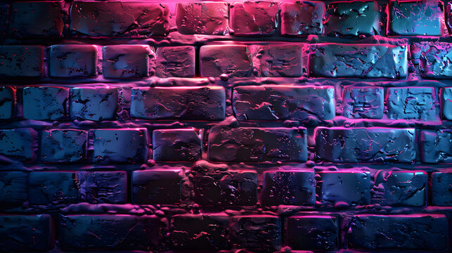 Wet brick wall with glowing neon lighting and reflective surface resembling asphalt texture with wall displays surface under illuminated artificial background decorative