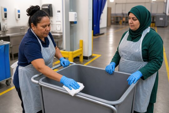 Hospital linen infection control team inspecting a cleaned cart at a zone boundary