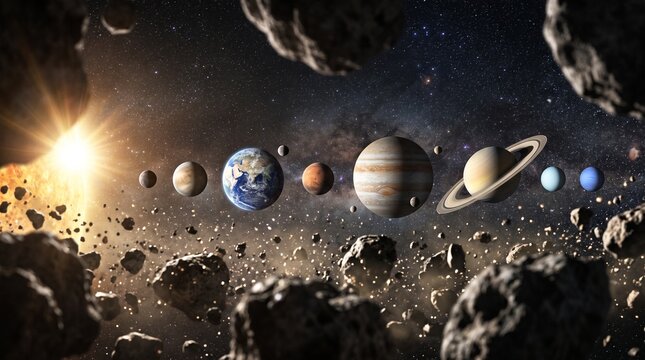 Earth, Saturn and Jupiter aligned among asteroids in outer space