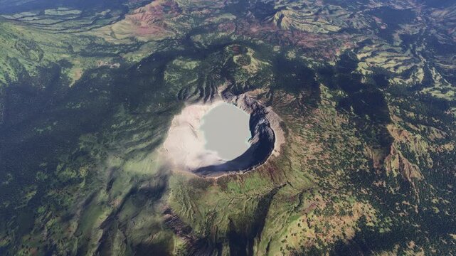 Top aerial drone shot of Ijen Crater in East Java. Indonesia