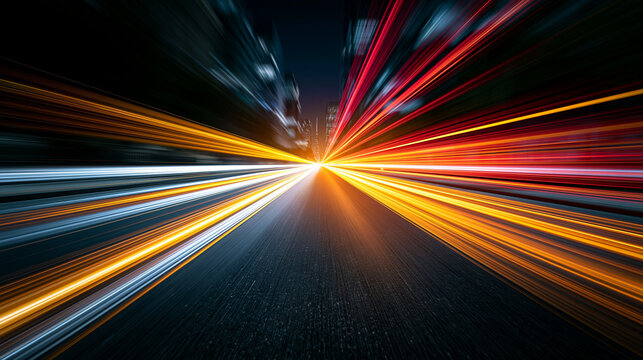 Fast nighttime light trails moving across dark city highway asphalt creating dynamic speed blur abstract energy effect.